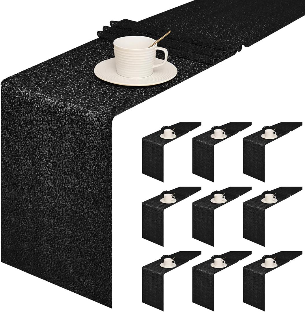 Sugargirl 10 Packs 12 x 72 inches Sequin Table Runner, Glitter Black Table Runner for Birthday Party Supplies Wedding Holiday Celebration Event Decorations