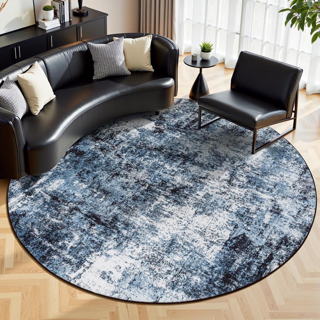 Rugflix Round Area Rugs 8Ft for Living Room, Washable Circle Rug Stain-Resistant Low Pile, Modern Dark Carpet for Bedroom Dining Room Home Office Kid Nursery Room, Navy Blue/Black
