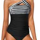 Tempt Me Two Piece Tankini Bathing Suits for Women One Shoulder Swim Top with Bottom Swimsuits (X-Large, Stripe Black)