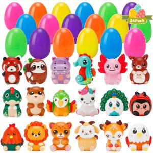 24 Pack Pre-Filled Easter Eggs with Cute Animal Squishy Toys, Colorful Plastic Eggs for Easter Egg Hunt, Party Favors, Easter Basket Stuffers for Kids