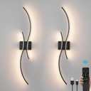 Battery Operated Wall Sconces Set of 2, Dimmable Rechargeable Battery Wall Light with Remote Control, 3000K-6500K LED Black Wireless Wall Sconce for Living Room Bedroom Hallway, 31.5inch (Black)