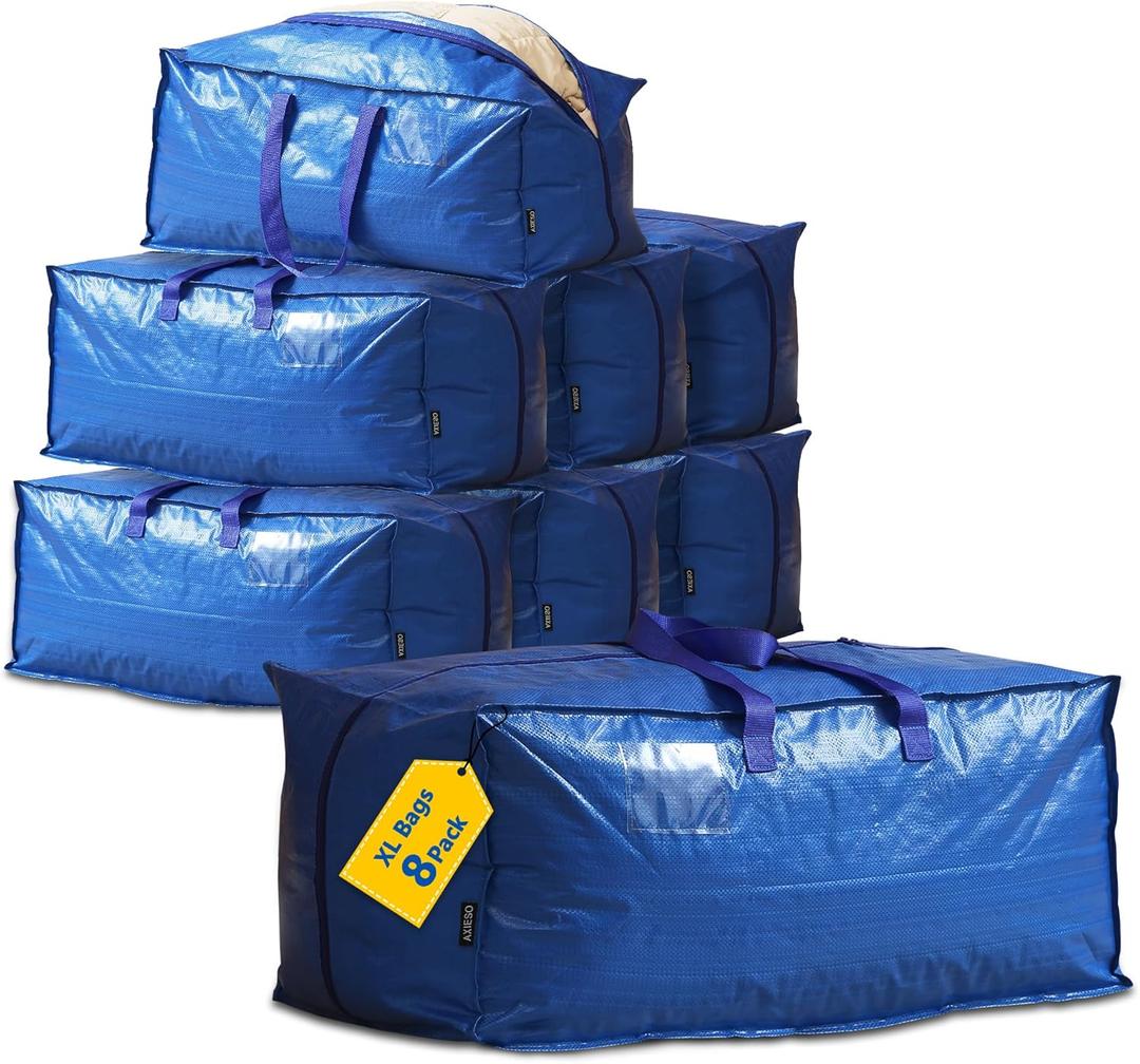 Extra Large Moving Bags - 8-Pack Heavy Duty Storage Duffel - Sturdy Backpack Straps Handles, Zippers - Reusable Moving Storage Bags for Clothes - Folding Collapsible Storage Tote Bag Set  Blue
