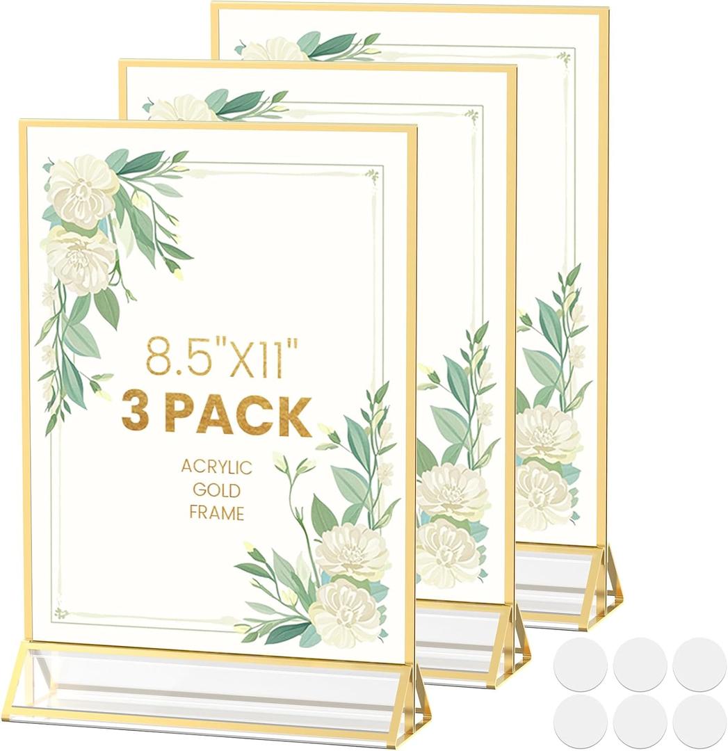 Acrylic Sign Holder 8.5X11 Gold Frames Double-Sided Gold Picture Frames Flyer Holder for Menu Holder Wedding Table Number Holder Photo Frames with Double-Sided Stickers-3 Pack