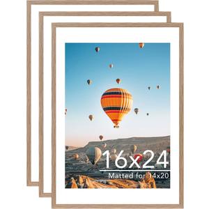 JCJMY 16x24 Picture Frame with Mat for Poster Photo and 40x60 cm Canvas, Display 14x20 with Mat or 16 x 24 without, Wood 16 by 24 Wall Gallery Poster Photo Frame, 3 Pack, Rustic Brown