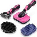 Dog Brush Kit for Grooming Short & Long Haired Dogs & Cats, 4-in-1 Pet Grooming Set with Self-Cleaning Slicker Brush, Deshedding Tool, Shampoo Bath Comb, Massge Comb (Pink Black) Missing Piece