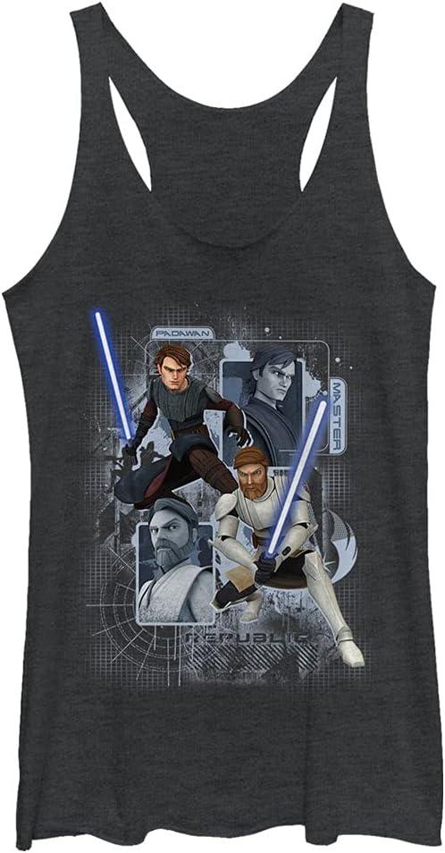 STAR WARS Girls Clone Wars Schematic Shot Tri-Blend Racerback Layering Tank (Small, Black Heather)