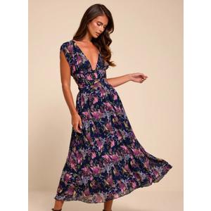 Taylen Navy Multi Floral Plisse Midi Dress, Size S
