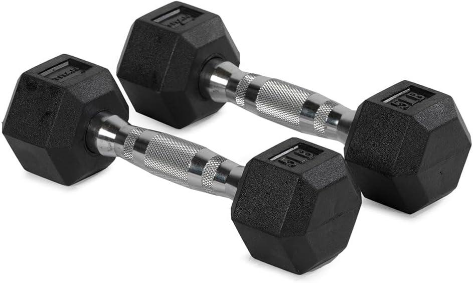 Titan Fitness Pair Rubber Coated Hex Dumbbells, Roll-Resistant Hexagonal Free Weights, Chrome-Coated Handles with Knurling, Strength Training Equipment 20 LB, 2 Packs
