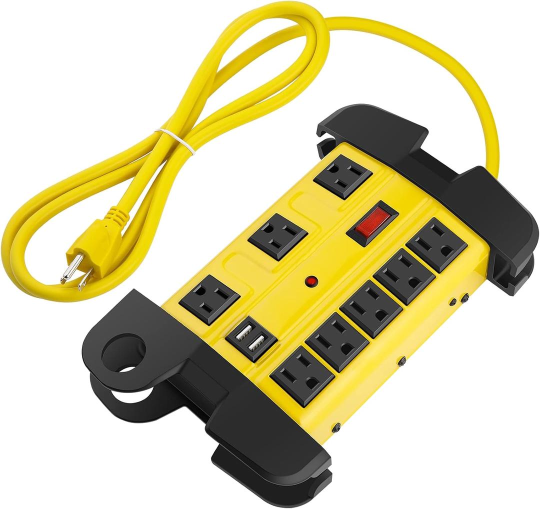 Heavy Duty Power Strip with USB, Workshop 8 Outlet Surge Protector 2700 Joules, Industrial Metal 15Amp Power Strip, 6FT Extension Cord and Wide Spaced, Yellow