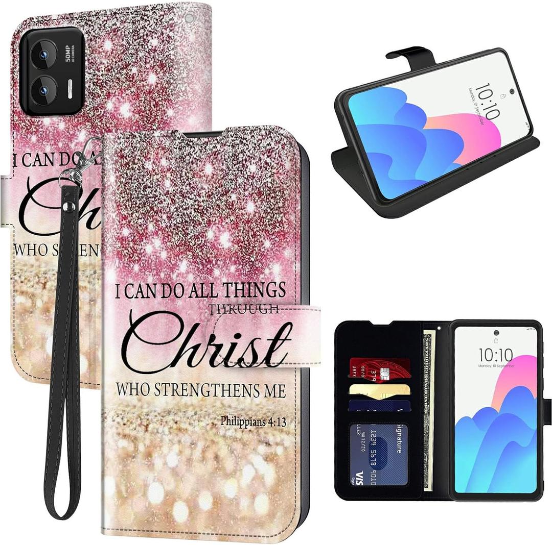 FUYOCWE for MOTO G Stylus 5G 2024 Case Wallet for Motorola Stylus 5G 2024 Phone Case with Card Holder Slot,Leather Flip Cover w/Kickstand+RFID Blocking+Magnetic Snap-I can do all things through christ