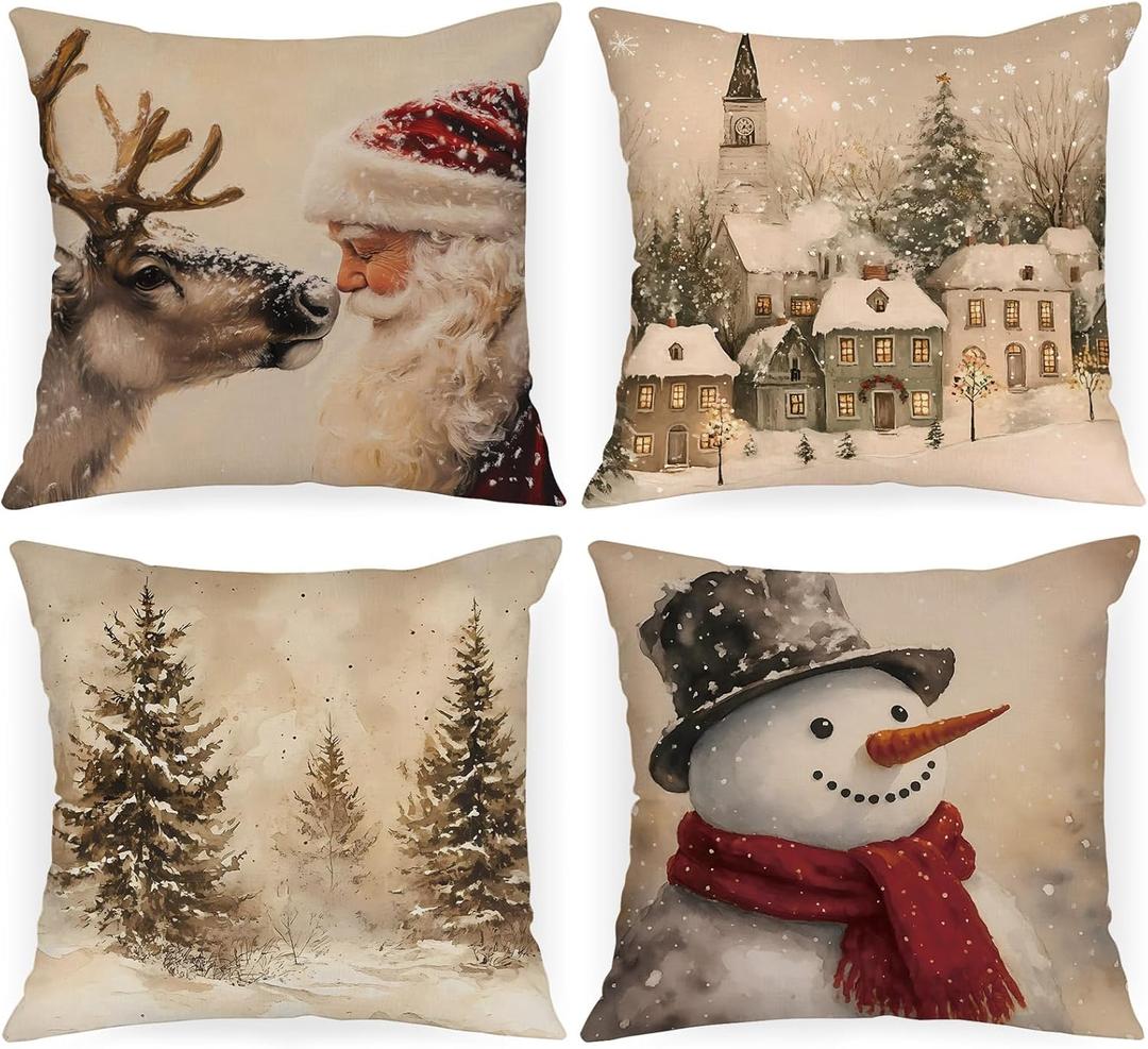 Lanpn 24x24 Christmas Throw Pillow Covers Set of 4, Snowman Santa Reindeer Vintage Christmas Pillow Cover Pillowcase Xmas Holiday Decorative Pillow case for Home Sofa Couch Living Room Decor