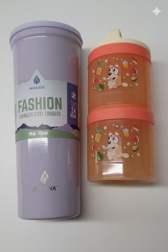 Whiskware Bluey Stackable Snack Containers for Babies, Toddlers, and Kids, 3 Stackable Snack Cups for School and Travel, Cupholder Friendly, Bluey and Bingo! with MANNA Fashion STAINLESS STEEL TUMBLER 24OZ (no straw)