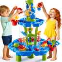 2-Tier Sand and Water Table Toys for Kids Aged 3 4 5 6 7 8, Water Waterfall Sensory Play Table with Beach Toys Accessories, Outdoor Activity Playset for Toddlers 2-4 3-5 4-6, Birthday Gifts