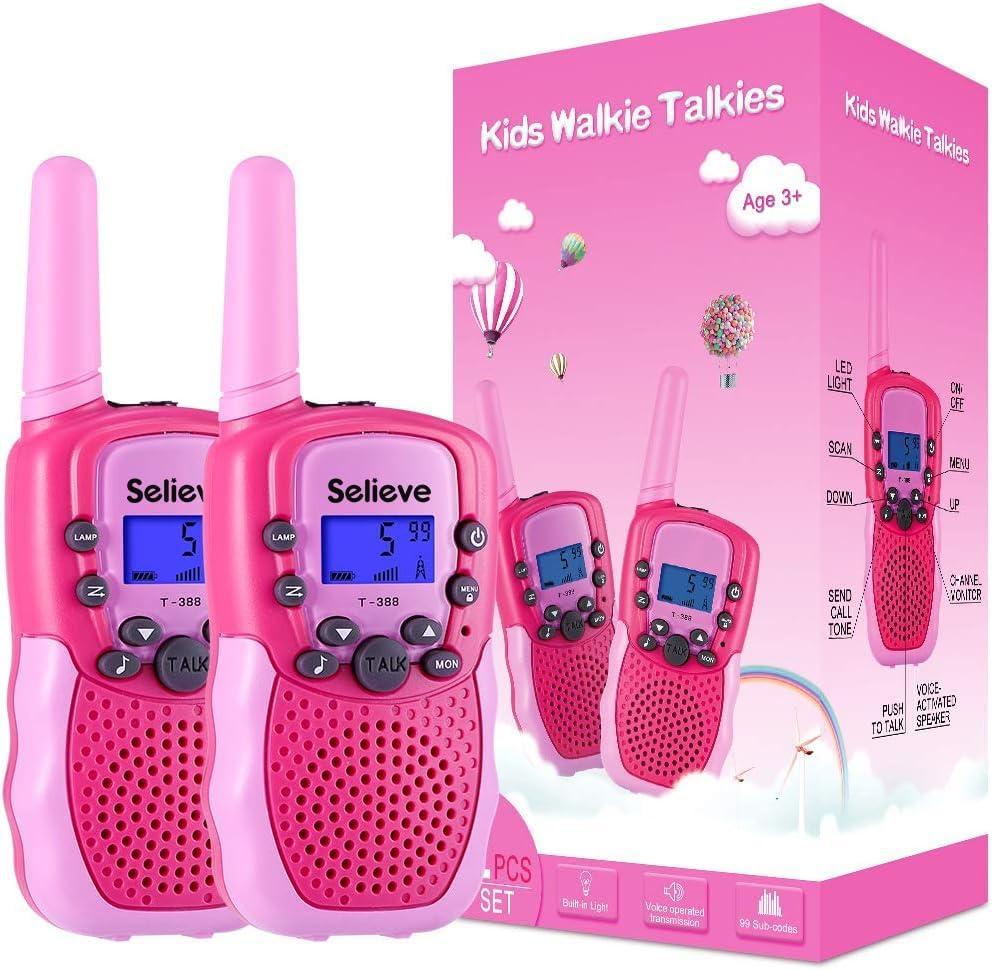 Selieve Walkie Talkies for Kids, 22 Channels 2 Way Radio with Backlit LCD and Flashlight, 3 Mile Range, Pink, 2 Pack