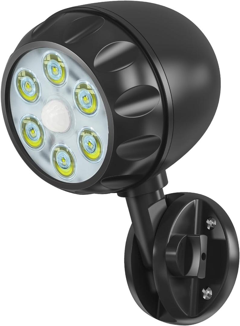 Motion Sensor Battery Powered Outdoor Light,IP65 Waterproof Spotlight,6LED Motion Detecting Light,360 Adjustable Floodlight for House Walls Garage Yard Porch and Stairs,Black (1P)