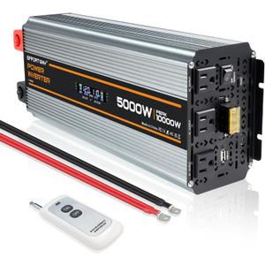 5000 watt Power Inverter DC 12V to AC 110V/120V Converter,10000w Peak.Comes with LCD Display,Wireless Controller,3AC outlets,USB,Hardwire Terminal,Suitable for Camping,Off-Grid Solar Inverter Systems