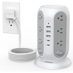 TESSAN Tower Power Strip with Individual Switches, Surge Protector with 12 Outlets, 5 USB Ports(2 USB C), Flat Extension Cord 10 Ft, 1250W, Charging Station for Multiple Devices, Office, Dorm, Grey