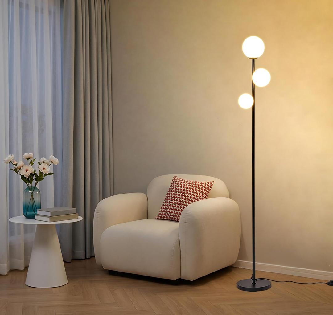 Fiqevs 3 Globe Mid Century Modern Floor Lamp, 3 x 800LM LED Bulbs Included, Matt Black Standing Lamp with Sphere Frosted Glass Shade, Vintage Retro Tall Pole Lamp for Living Room, Bedroom Office