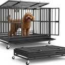 Feandrea Heavy-Duty Dog Crate, 5-Minute Quick Assembly, Foldable Dog Kennel Cage with Lockable Wheels, Double Doors, Escape Proof Fixed Bottom, Removable Tray, Easy to Clean, Ink Black, 37 Inch