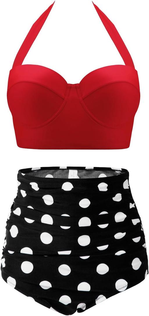 CHERRY CAT Womens Vintage Retro Polka High Waisted Underwire Bikini Two Piece Swimsuits (5X-Large, Red)