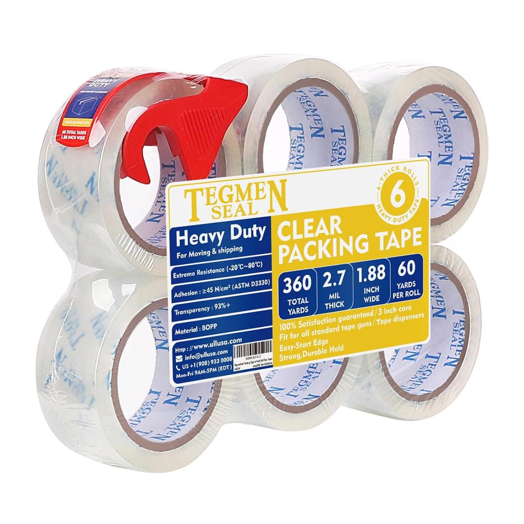 Heavy Duty Clear Packing Tape with Dispenser Combo for Shipping, Moving & Storage,Thicker Clear Packing Tape, 1.88 inches Wide, 60 Yards Per Roll, 6 Pack 360 Total Yards