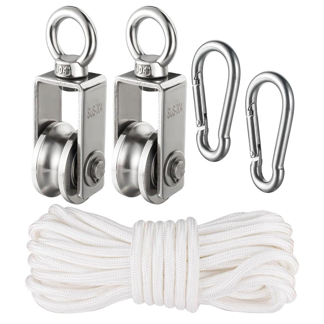 Cable Pulley Block Heavy Duty Stainless Steel, Bearing Inside with 32ft Nylon Rope and 2 Hooks,Swivel Single Pulley Wheel,Good for Pulley Lifing System,Loading 551lb