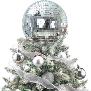 Retisee 8'' Disco Ball Christmas Tree Topper Disco Mirror Ball Xmas Tree Topper 3D Hollow Silver Decor Ornament for 70s Holiday Wedding Birthday Party Decorations