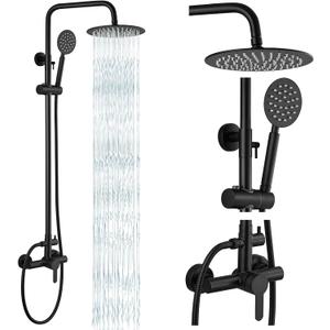 gotonovo Outdoor Shower 304 Stainless Steel, Matte Black, Single Handle | Rain 8 Inch Outdoor Shower Head with Handheld Kit Fixtures System Faucet Set with Valve Wall Mount for Seaside Backyard Pool
