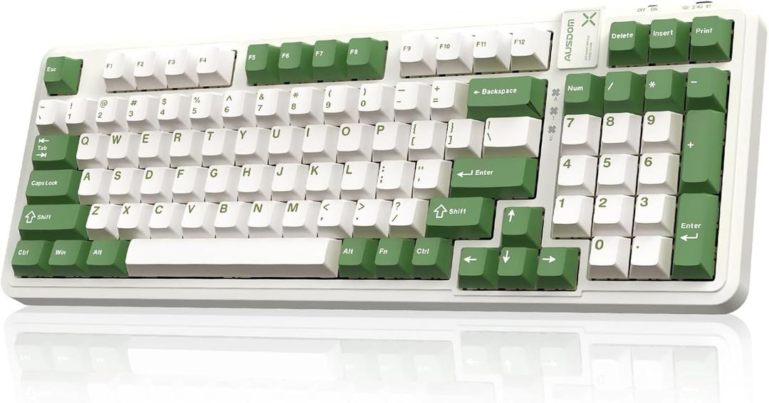 AUSDOM 98Pro Silent Mechanical Keyboard, Wireless Hot Swappable Gaming Keyboard with Backlit, Gasket Structure, Pre-lubed Tactile Switches, 2.4GHz/ Type-C/ Bluetooth Custom Keyboards (Green & White-Silent)