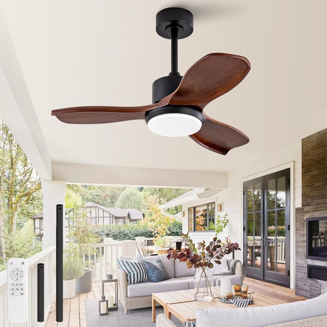 KBZZ 36 Inch Ceiling Fans with Lights and Remote, Solid Wood Blades, Dimmable, Reversible DC Motor, Memory Function, Modern Indoor Outdoor Ceiling Fan with Light for Patio Bedroom (Black Walnut)