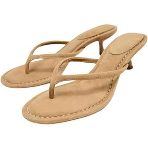 MakeMeChic Women's Suede Kitten Heels Sandals Thong Open Toe Flip Flop Heeled Sandals Vacation Party Summer Shoes Brown 7