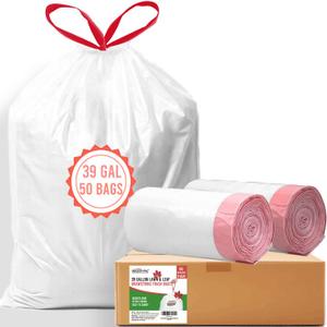 BEIDOU-PAC 39 Gallon Lawn & Leaf Drawstring Trash Bags, 50 Count | Heavy Duty | White | Unscented Can Liners