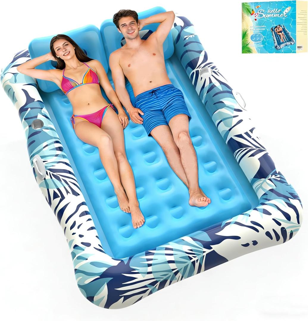 Pool Floats Adult,75"x64" XXL Inflatable Tanning Pool Lounger Float with Pillow,4 in 1 Suntan Tub Sunbathing Raft Floatie Water-Filled Mattress Kids Pool Ball Pit,Perfect for Party&Relax,Blue
