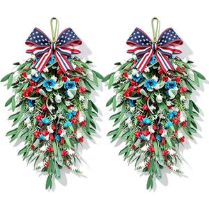 2 Pack 21'' 4th of July Swag Wreaths for Cabinets Independence Day Floral Teardrop Wreath with Artificial Flower and Eucalyptus Leaves Wreath Hanger for Farmhouse Front Door Porch Window Wall