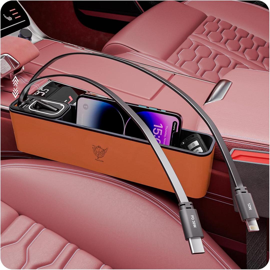 Car Seat Gap Filler Organizer with 69W Retractable Car Charger & Bluetooth Earpiece for Driving Calls, Car Accessories with Trucker Headset, Fits Sedans, SUVs, Pickup Trucks & Crossovers