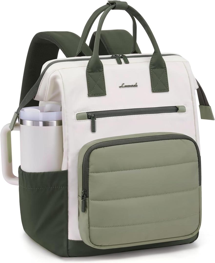 LOVEVOOK Puffer Laptop Backpack for Women, 15.6 Inch Work Backpack purse for Nurse Teacher, College Back to School Bookbag for Teen Girls, Personal Item Travel Bag Computer Daypack for Daily Commute (Green-Beige)