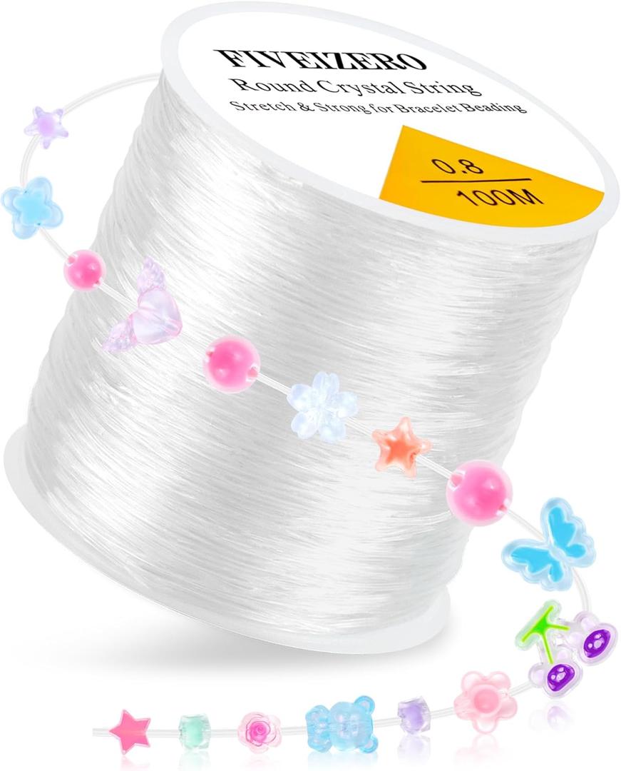 1 Rolls FIVEIZERO Elastic Bracelets String Cord,0.8 Round Crystal Elastic String for Bracelets Necklace Beading & Jewelry Making, White Transparent Stretch Bead Cord Thread