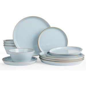 Famiware Saturn Dinnerware Sets, Plates and Bowls Sets for 4, 12 Pieces Stoneware Dish Set - Chip and Scratch Resistant, Microwave and Dishwasher Safe Tableware Set, Light Blue with Rim