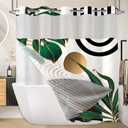 Miyotaa No Hook Abstract Sage Green Shower Curtain with Snap in Liner, Minimalist Plant Leaves Geometric Aesthetic Double Layers 71Wx74H with See Through Mesh Top Bath Accessories Home Decor