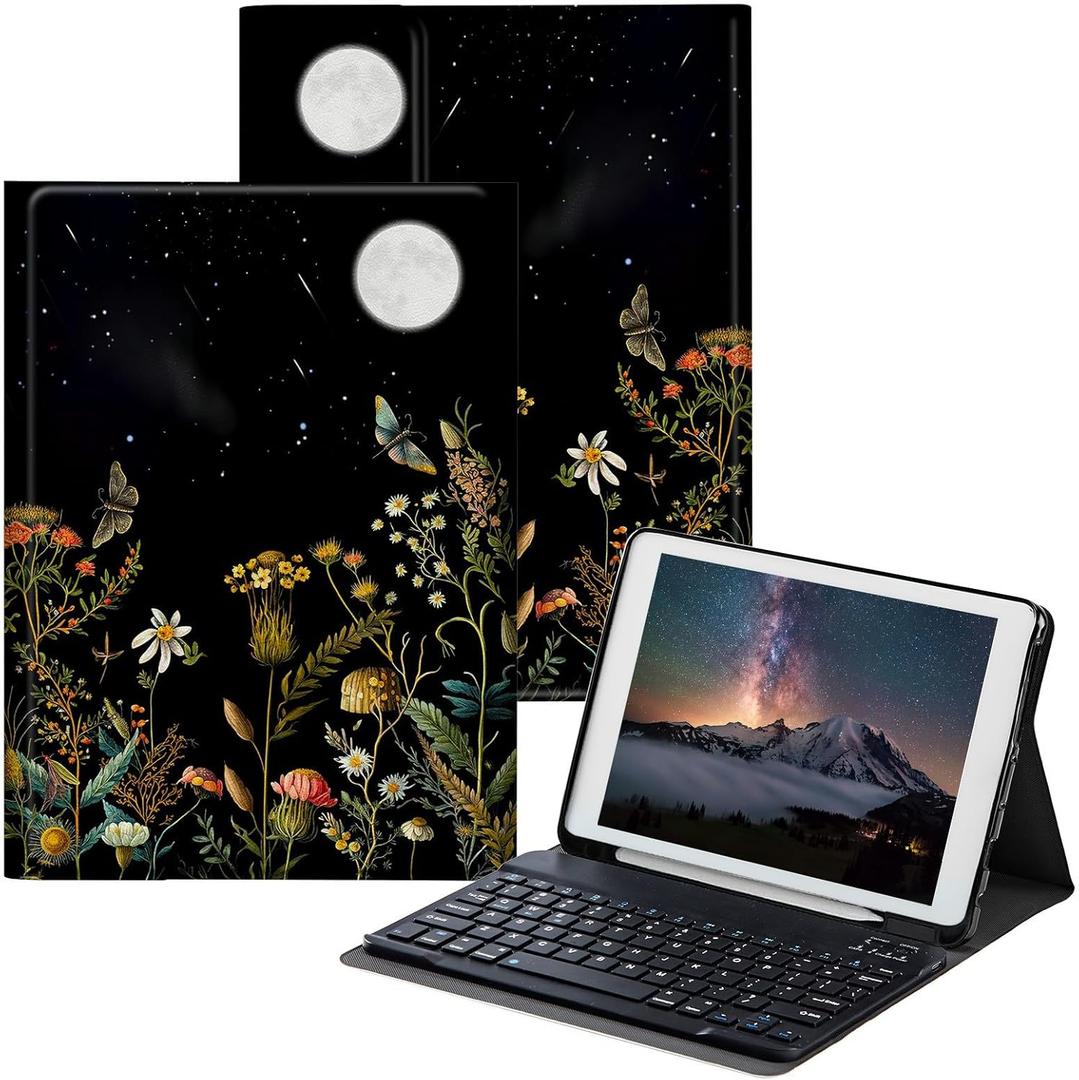 for iPad 10th Generation Case with Keyboard for iPad Case 10th Generation 10.9 inch 2022 with Detachable Wireless Keyboard & Adjustable Stand Protect Tablet Cover - Flowers and Plants Moon