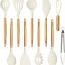 CAROTE Silicone Cooking Utensils Set, Kitchen Utensils Set 10 Pcs for cooking, BPA Free Spatula Set with Heat Resistant Wood Handles for Nonstick Cookware (Cream White) (Basic)