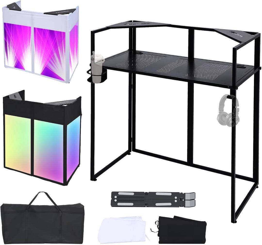 Portable DJ Booth Facade,DJ Table,Heavy-Duty DJ Table Stand Portable Booth,Iron Plate Surface DJ Facade Booth,with Carry Bag & Hook & Cup Holder (41.3"L x 20.4"W x 43.3"H), 43.3"x41.3"x20.5"