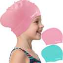 Vvinca Swim Cap Kids for Long Hair Braids Curly, 2 Pack Silicone Waterproof Swimming Caps for Toddler Girls Boys Age 3-8 Keep Hair Dry Pool Water Swim Hats (03-Pink& Green)