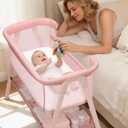 Baby Bassinet, Bedside Bassinet for Baby, Bassinet Bedside Sleeper with Mattress, Storage Basket and 4 Auto-Lock Wheels, Full-Mesh Sides, Bedside Mini Crib for Newborn (Pink)