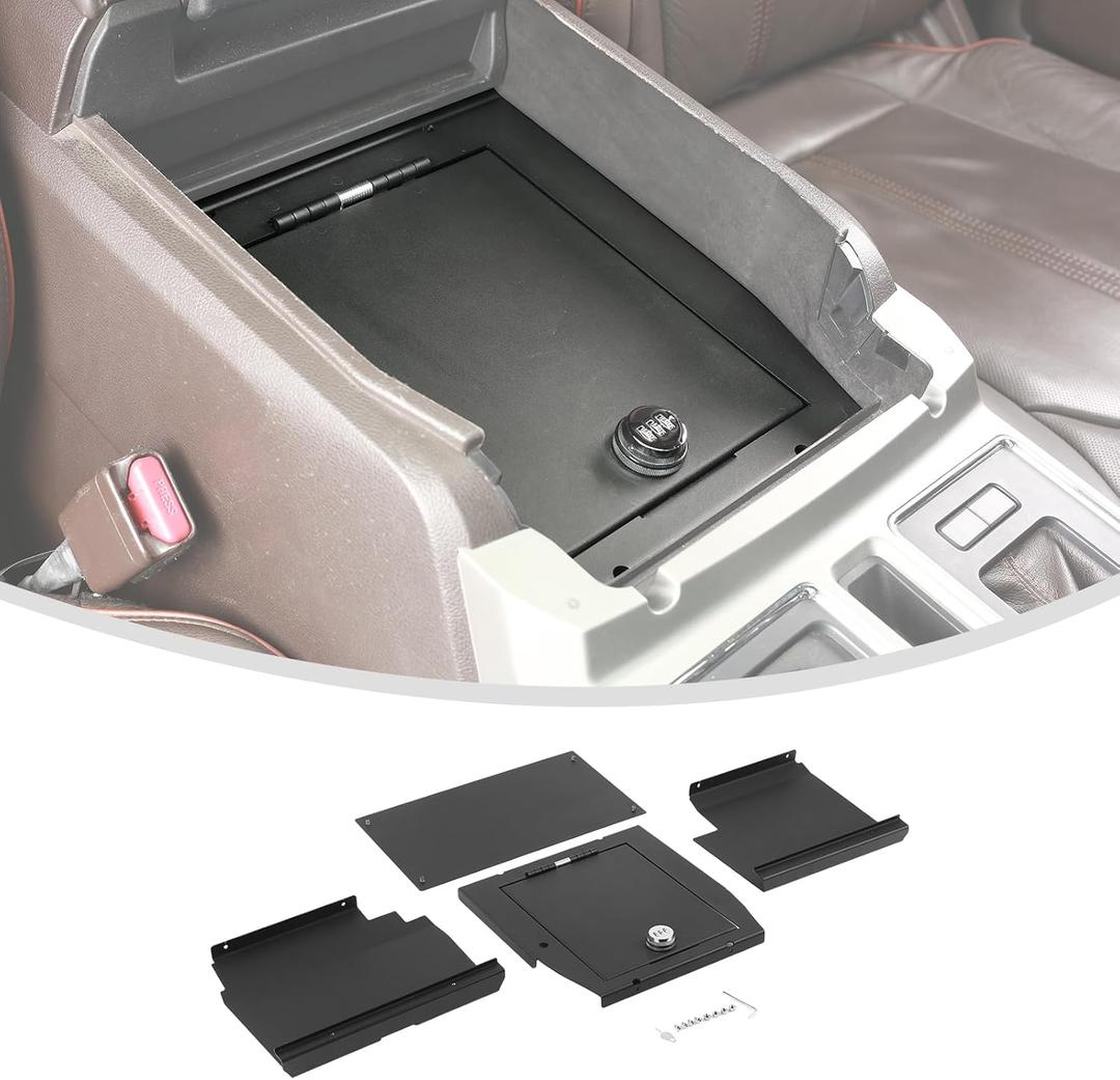 Linskip Console Safe Storage Compatible with 2015-2020 Ford F150, for 2017-2022 F250 F350 F450 F550 Security Console Insert, Console Gun Safe for F150 Accessories(Black)
