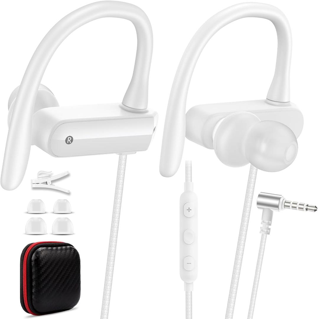 Wired Over Ear Earbuds with Microphone Ear Hook,3.5mm Sport Headphones Wired for Laptop/iPad/iPod/3.5mm Plug Cellphone,Earphones Noise Cancelling Headset for Chromebook/Switch/Galaxy/MP3 Running,White