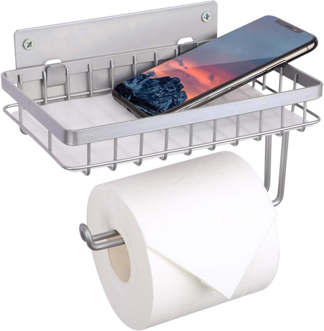 LKKL Toilet Paper Holder - Toilet Paper Holder with Shelf Wall Mount - Adhesive Toilet Paper Storage Bathroom Towel Holder Toilet Roll Dispenser(Silver)