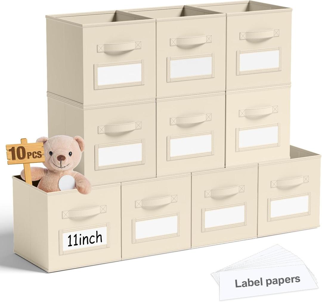 Teenyyou 10 Pack Fabric Storage Cubes 11 Inch Collapsible Cube Bins with Label Window & Handle Foldable Organizers Baskets for Shelf Closet Nursery Kids Room Clothes Book Toy(Beige)