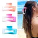 Medium Rectangle Matte Claw Clips for Women Thin Hair, Gradient Color, Set of 3 (Pink, Coral & Blue)