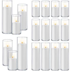 Homjoy 36 PCS White Pillar Candles with Glass Candle Holders Clear Hurricane Candle Holders Glass Cylinder Vases for Centerpieces Wedding Party, Event, Home Office (18 Candles+18 Candle Hoders)